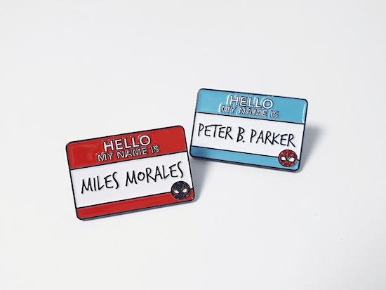 spider-verse nametag enamel pins