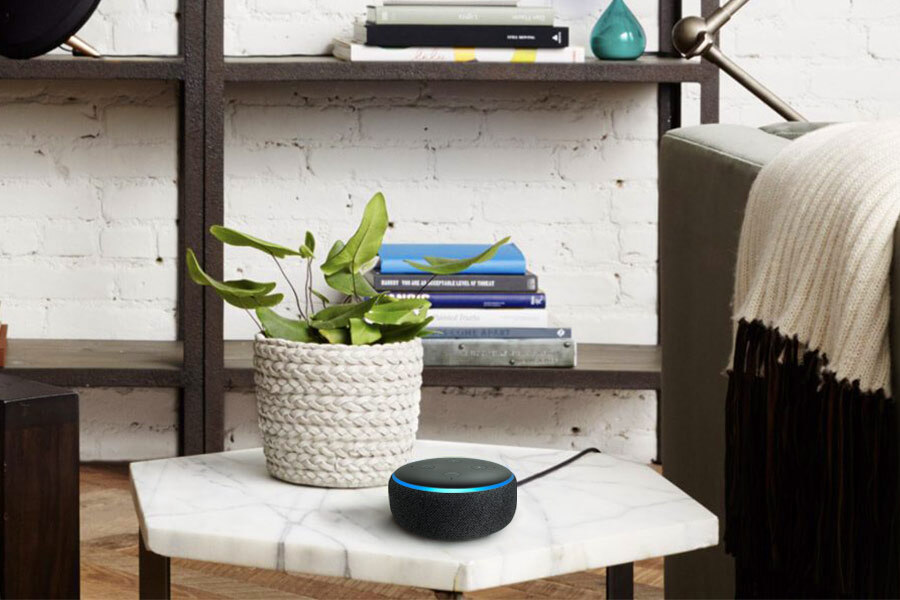 An Amazon Echo Dot with a glowing blue ring sits next to a houseplant on a marble coffee table inside of a living room.