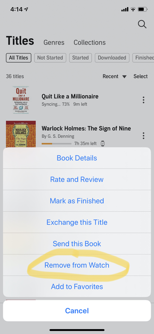 audible apple watch delete book app